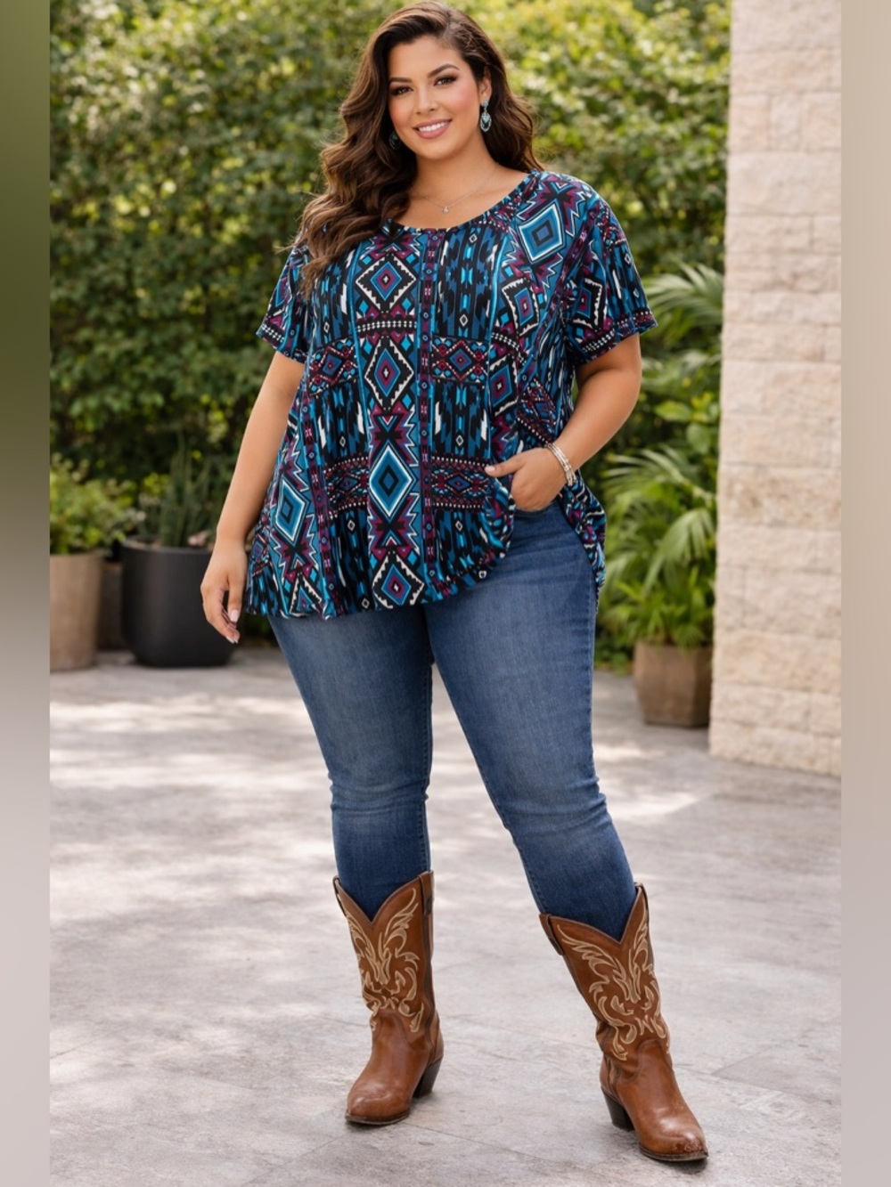 Diva D Teal southwestern Print Women’s Scoop Neck Top